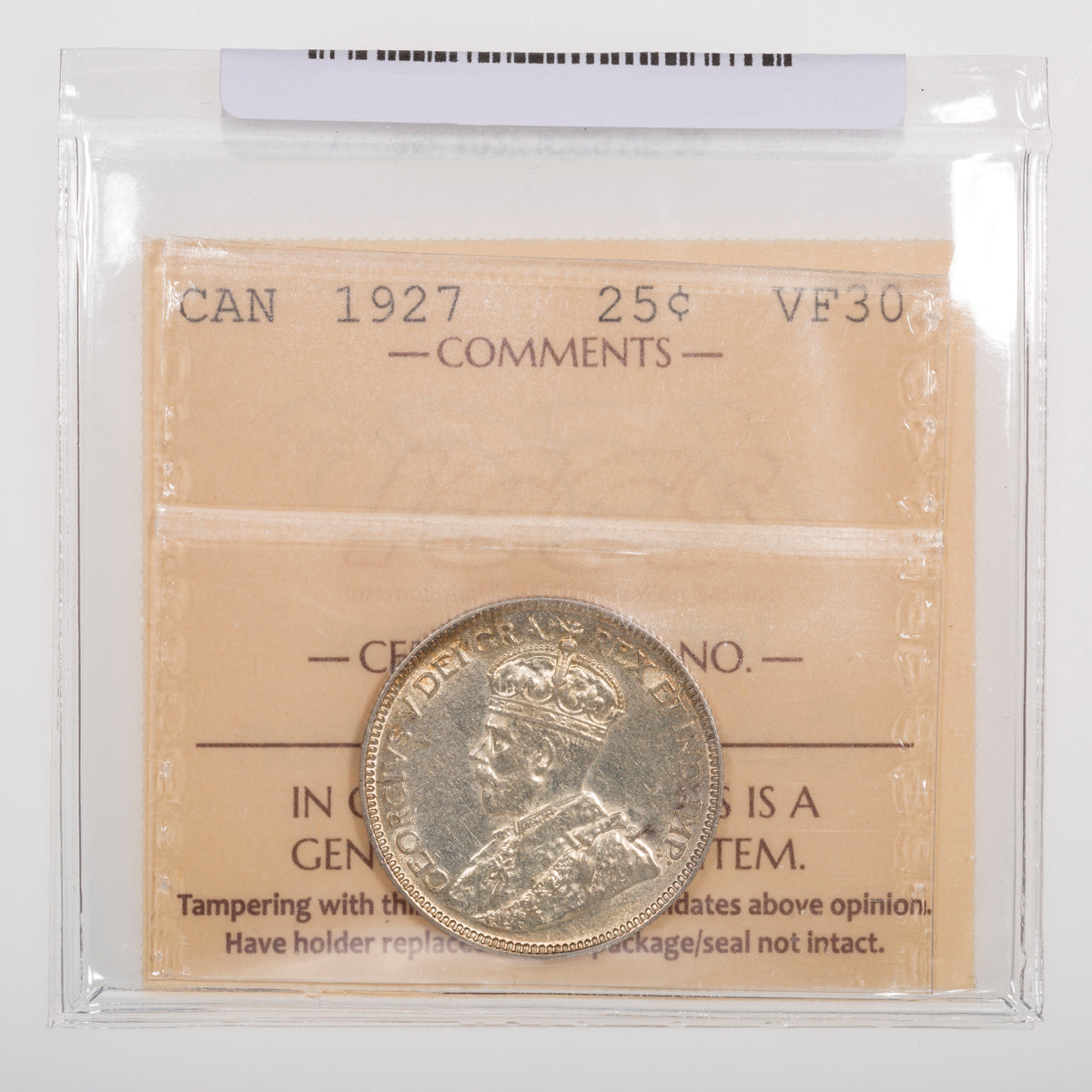 25 Cent 1927 ICCS VF-30