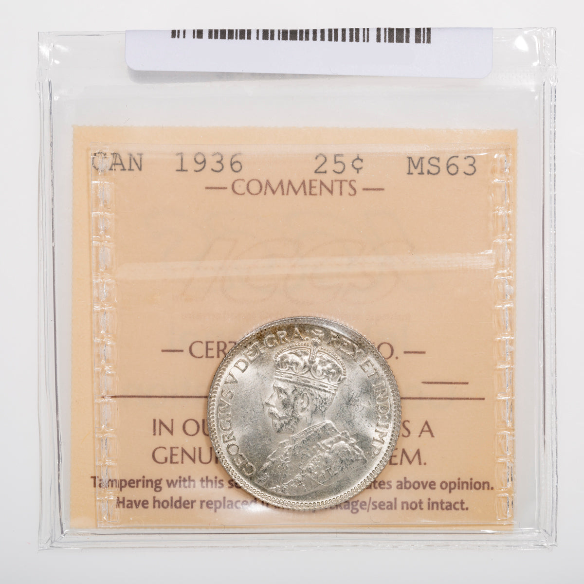 25 Cent 1936 ICCS MS-63