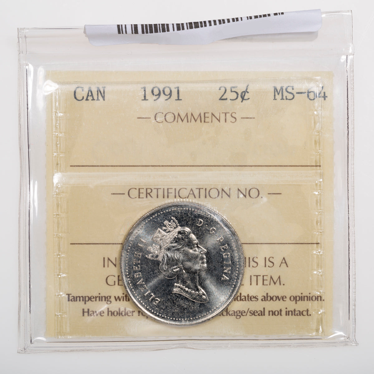 coincoinhaseページ 25 Cent 1991 ICCS MS-64