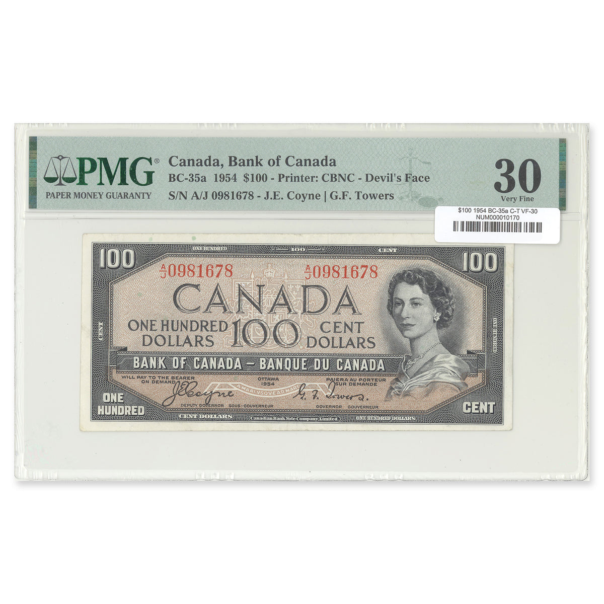 $100 1954 Devil's Face Series BC-35a Coyne-Towers Prefix A/J PMG VF-30