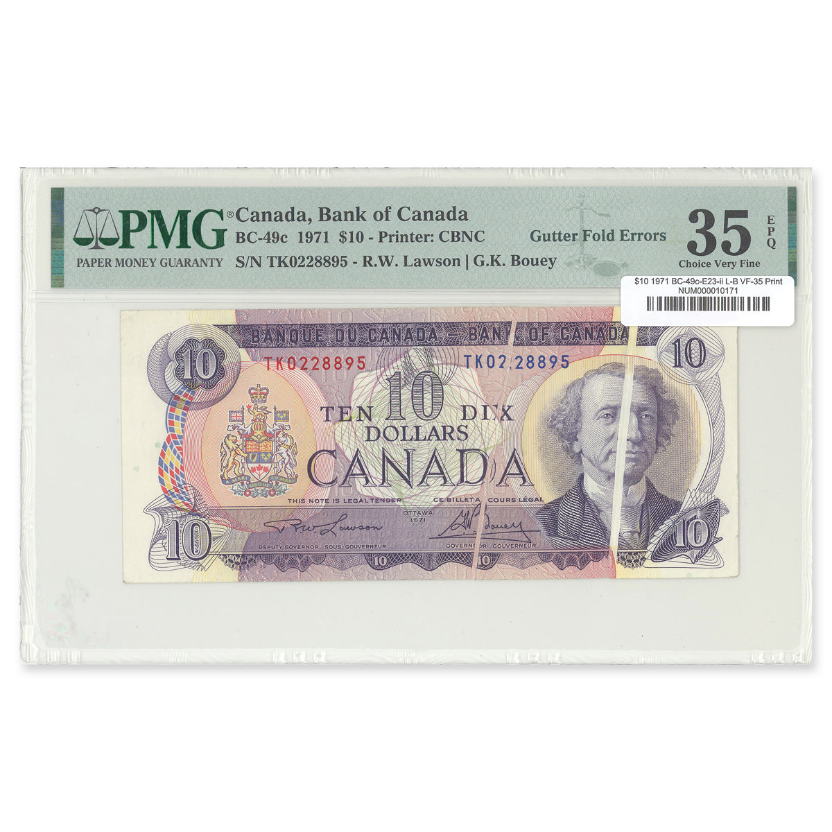 $10 1971 BC-49c-E23-ii Printing Error Lawson-Bouey Prefix TK PMG VF-35 EPQ