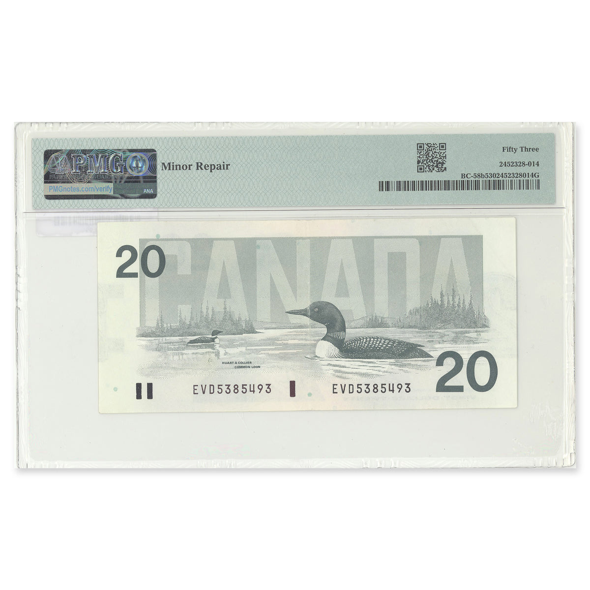 $20 1991 BC-58b-E7-ii Printing Error Bonin-Thiessen Prefix EVD PMG AU-53