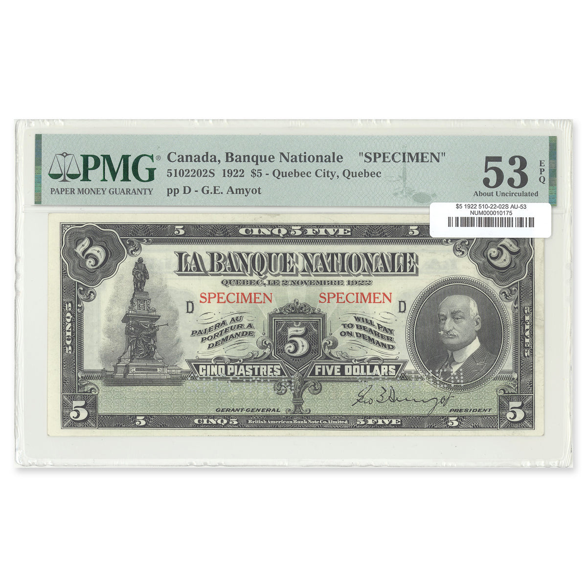 $5 1922 510-22-02S Le Banque Nationale PMG AU-53 EPQ