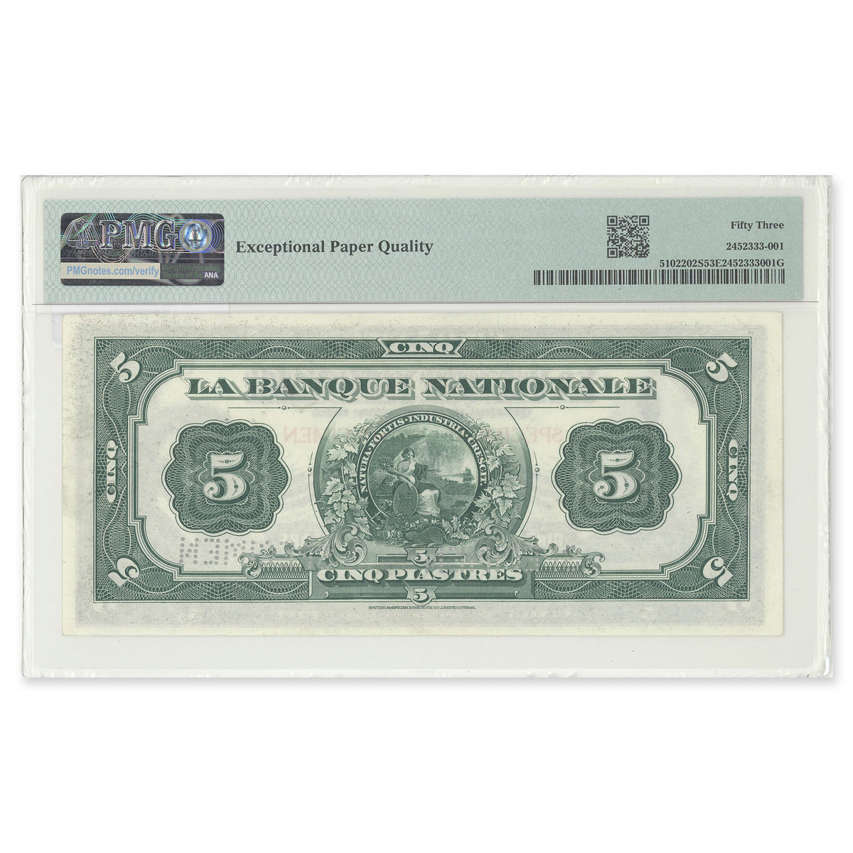 $5 1922 510-22-02S Le Banque Nationale PMG AU-53 EPQ