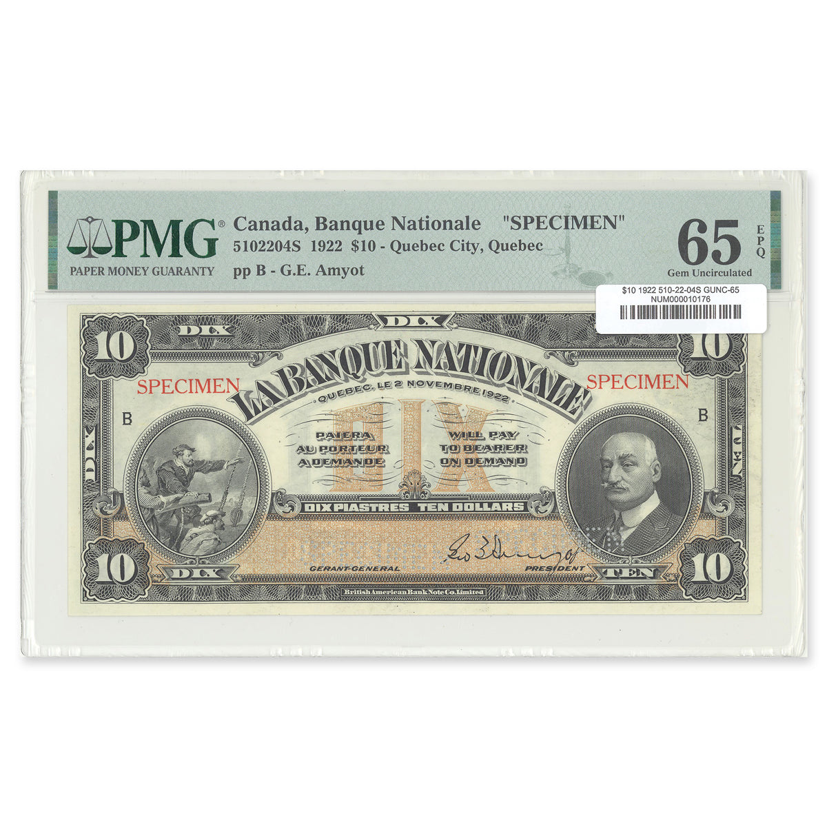 $10 1922 510-22-04S Le Banque Nationale PMG GUNC-65 EPQ
