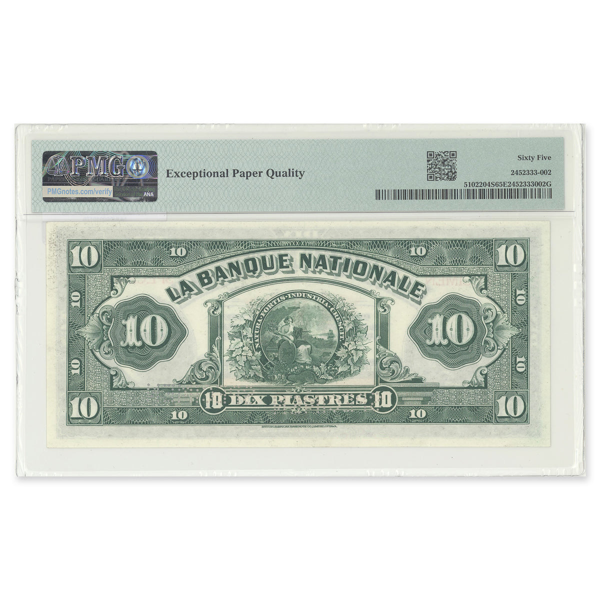 $10 1922 510-22-04S Le Banque Nationale PMG GUNC-65 EPQ