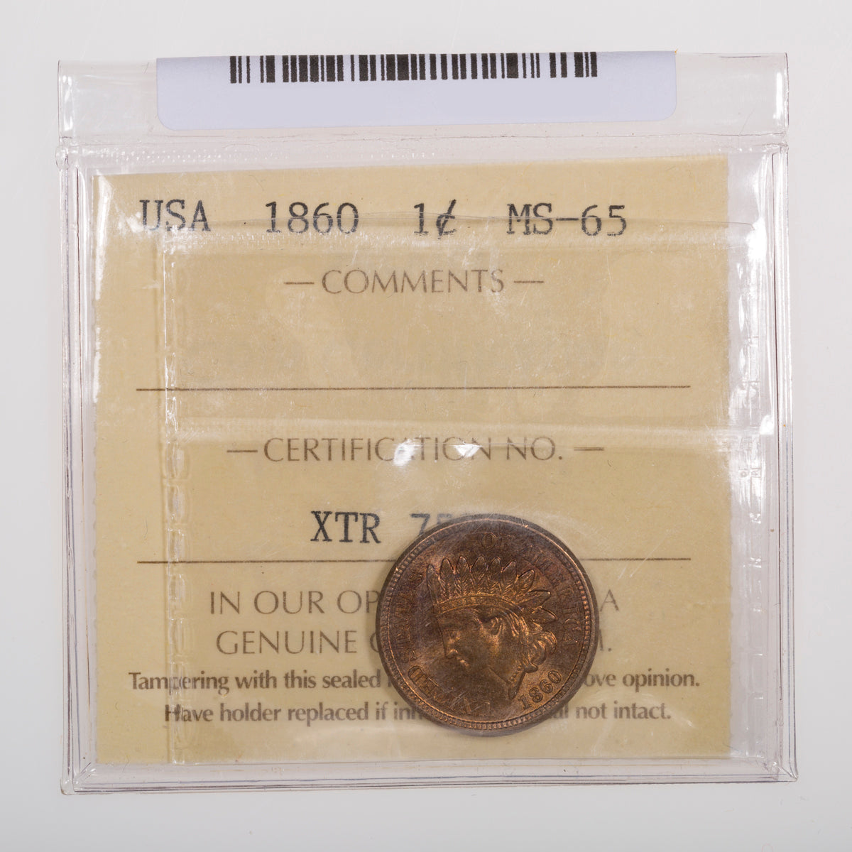 US 1 Cent Indian 1860 ICCS MS-65