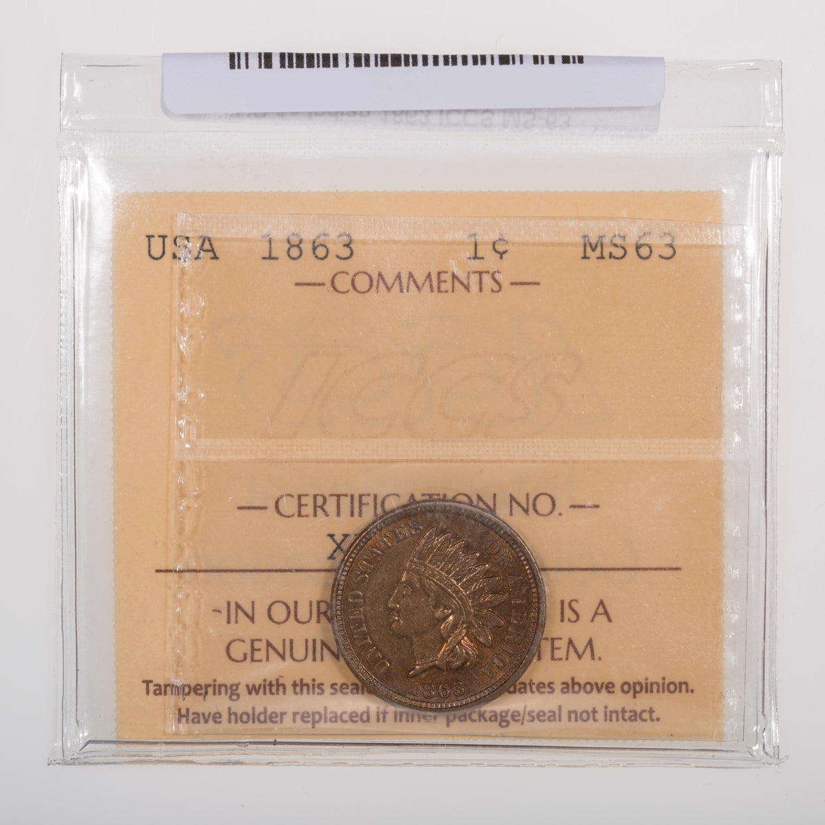 US 1 Cent Indian 1863 ICCS MS-63