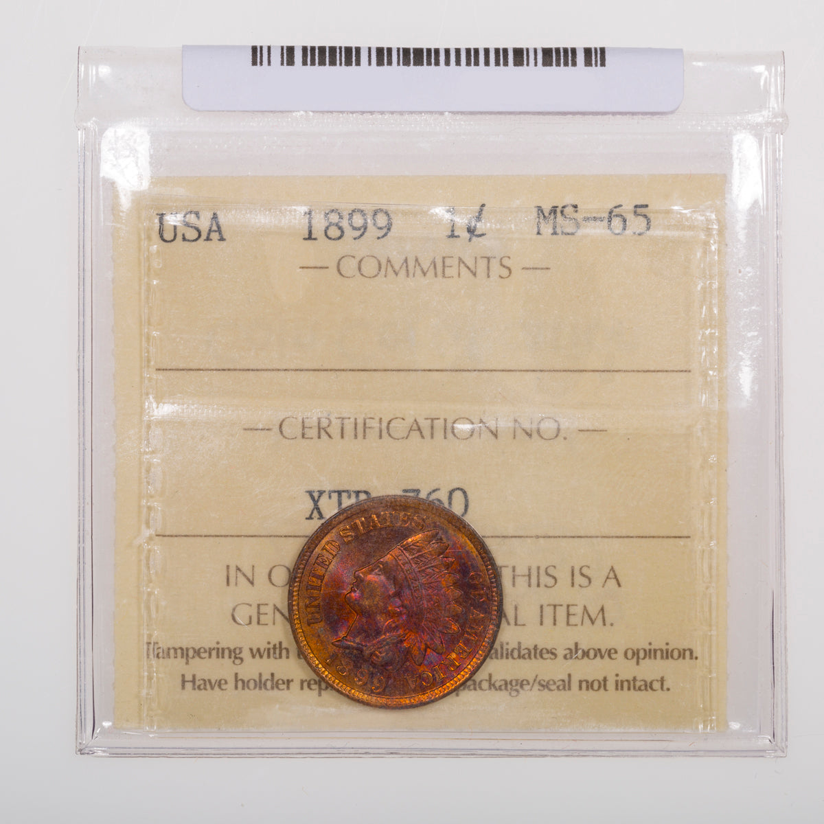 US 1 Cent Indian 1899 ICCS MS-65