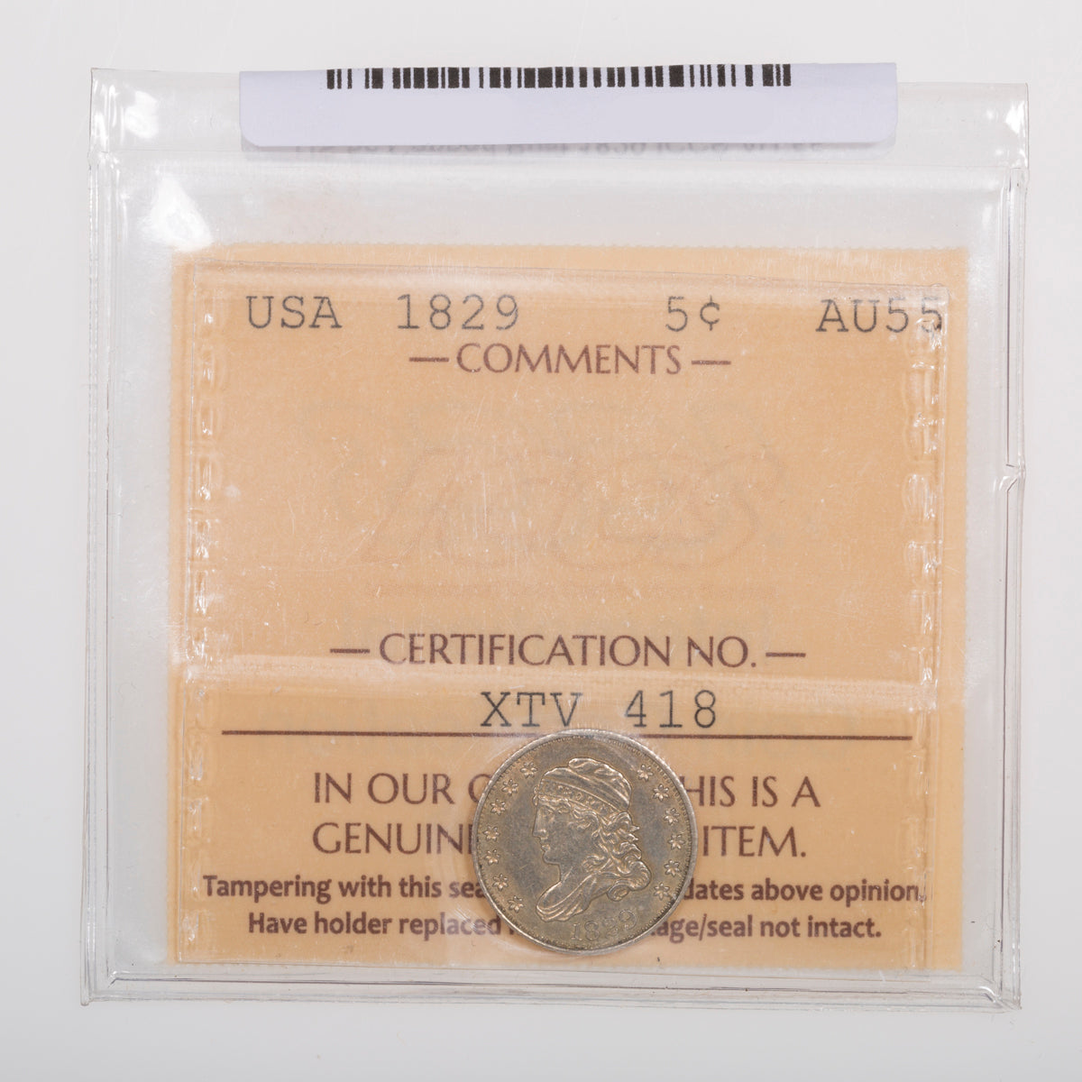 US 5 Cent Capped Bust 1829 ICCS AU-55