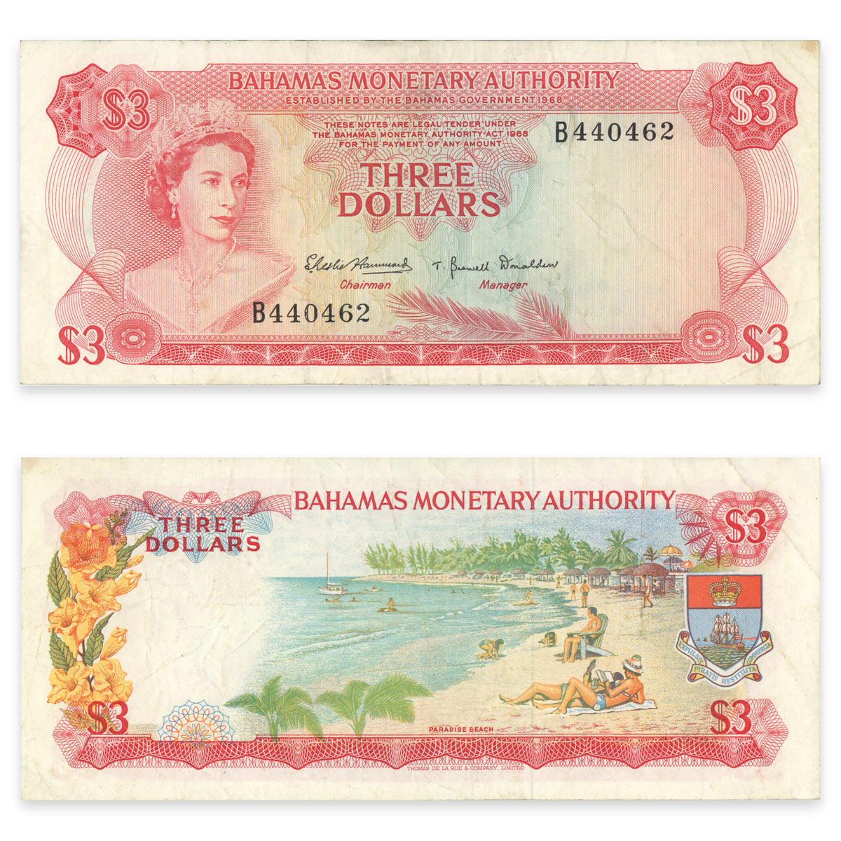 Bahamas 3 Dollars 1968 P# 28a VF-25