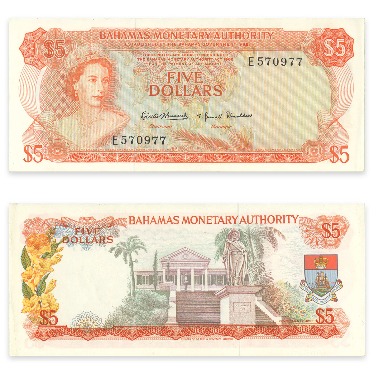 Bahamas 5 Dollars 1968 P# 29a AU-50