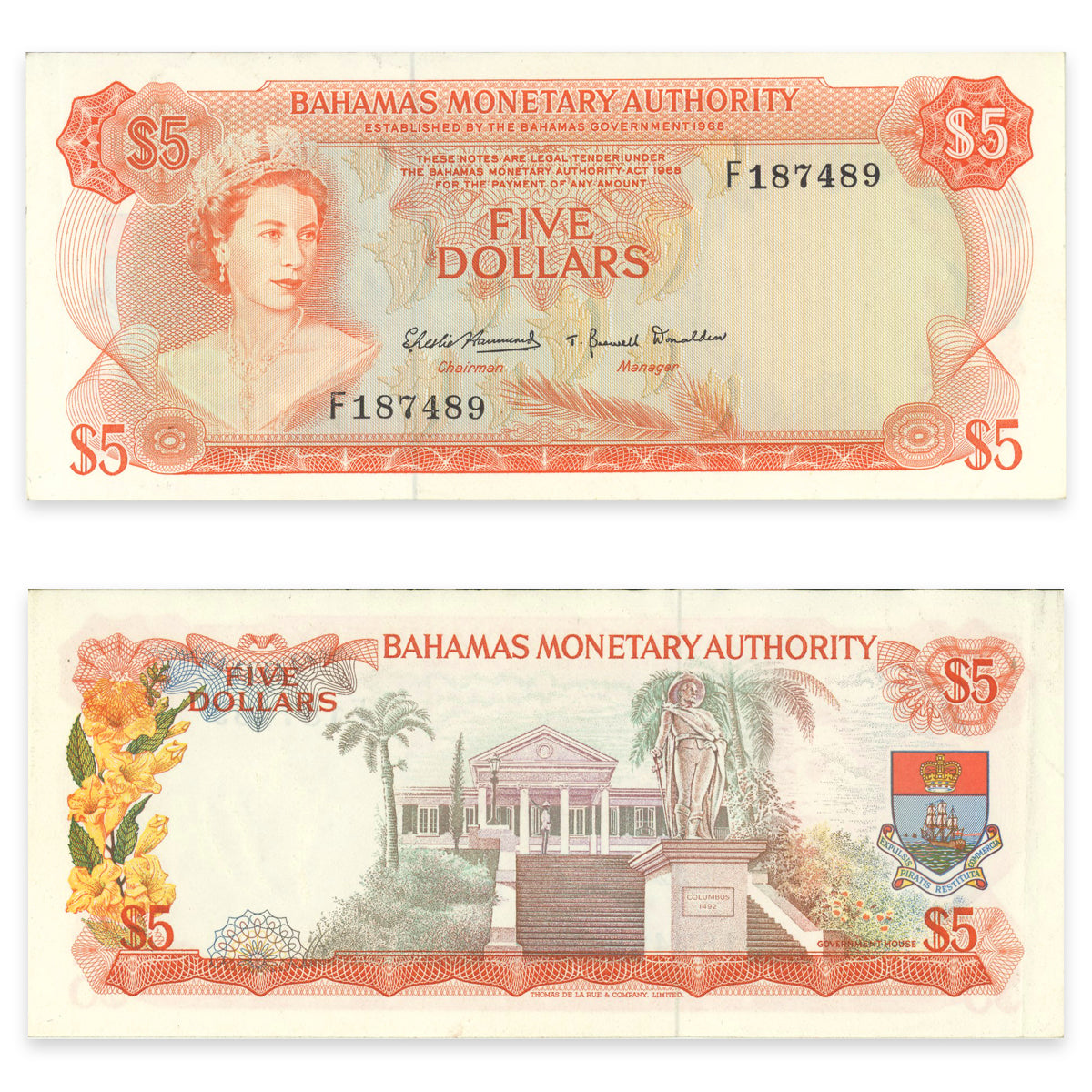 Bahamas 5 Dollars 1968 P# 29a EF-45