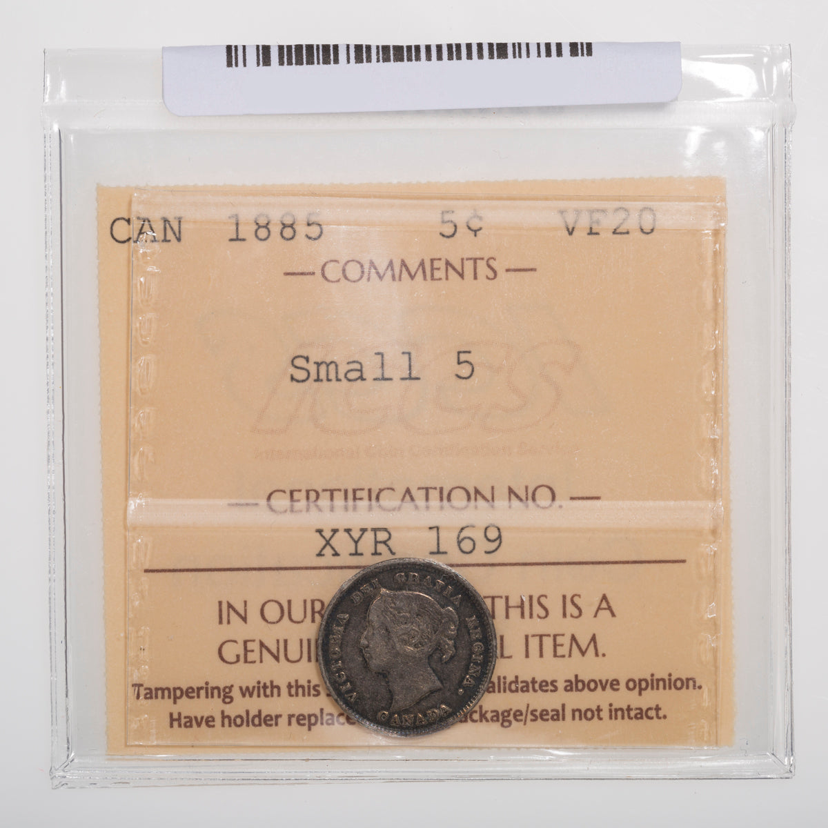 5 Cent 1885 Small 5 ICCS VF-20