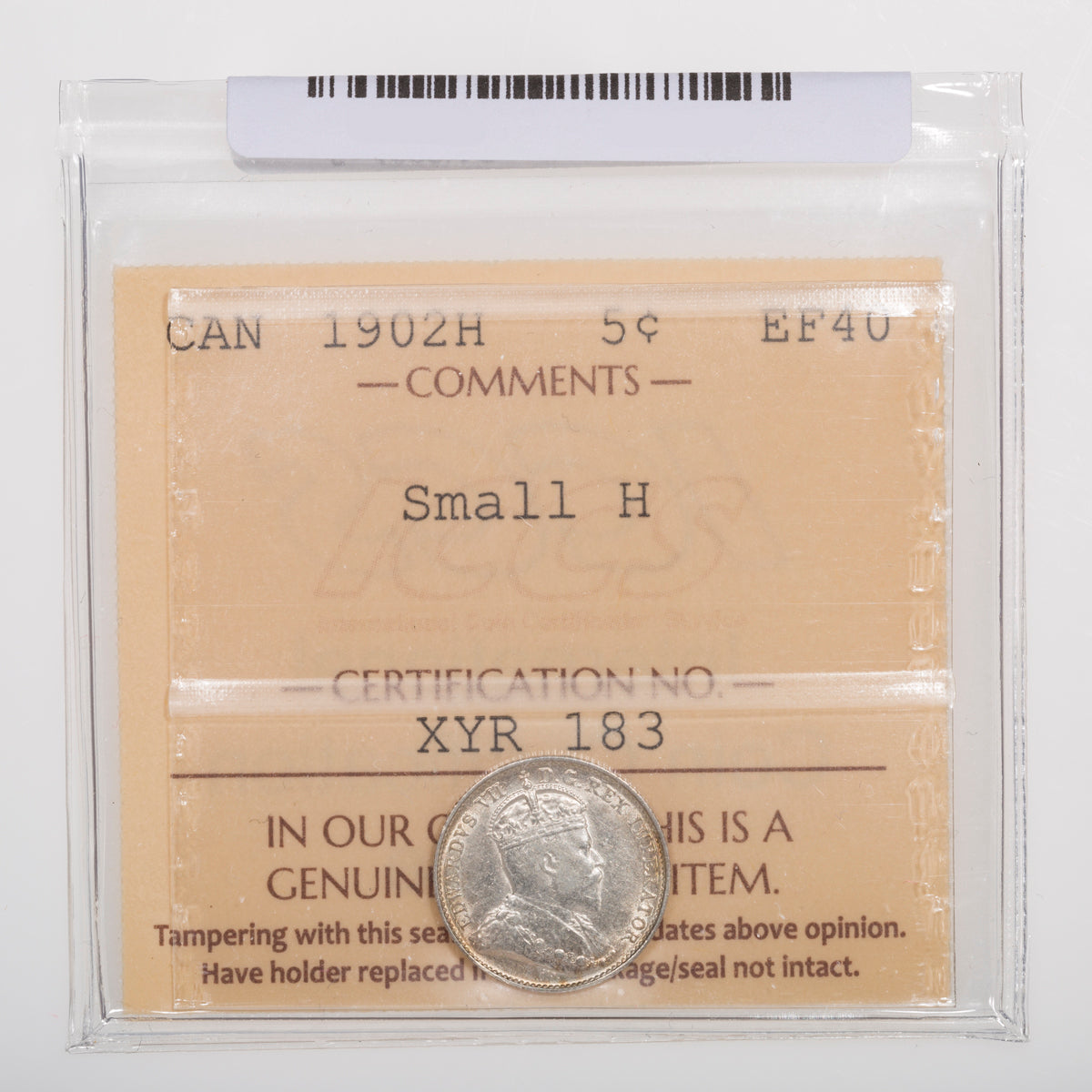5 Cent 1902H Small H ICCS EF-40