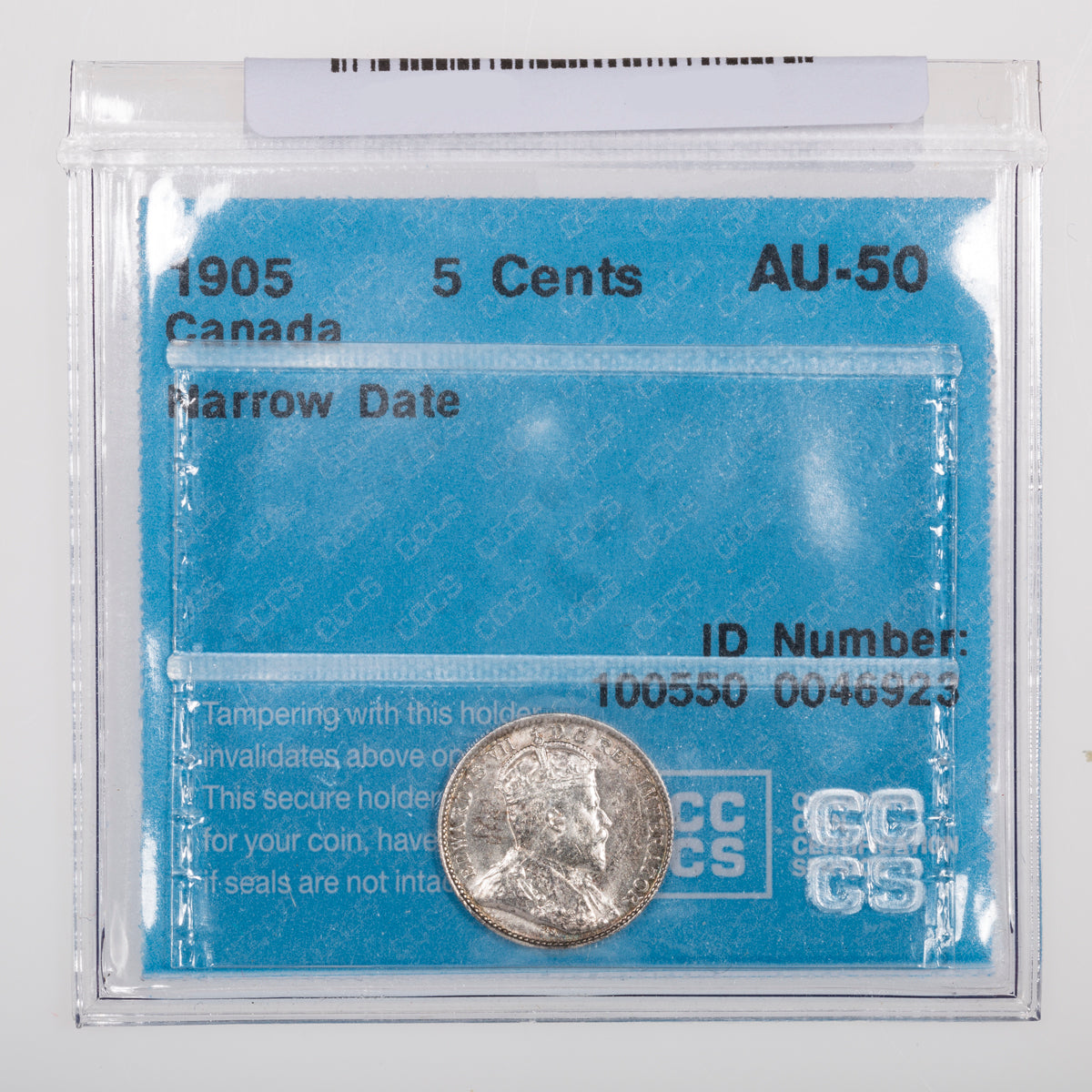 5 Cent 1905 Narrow Date CCCS AU-50