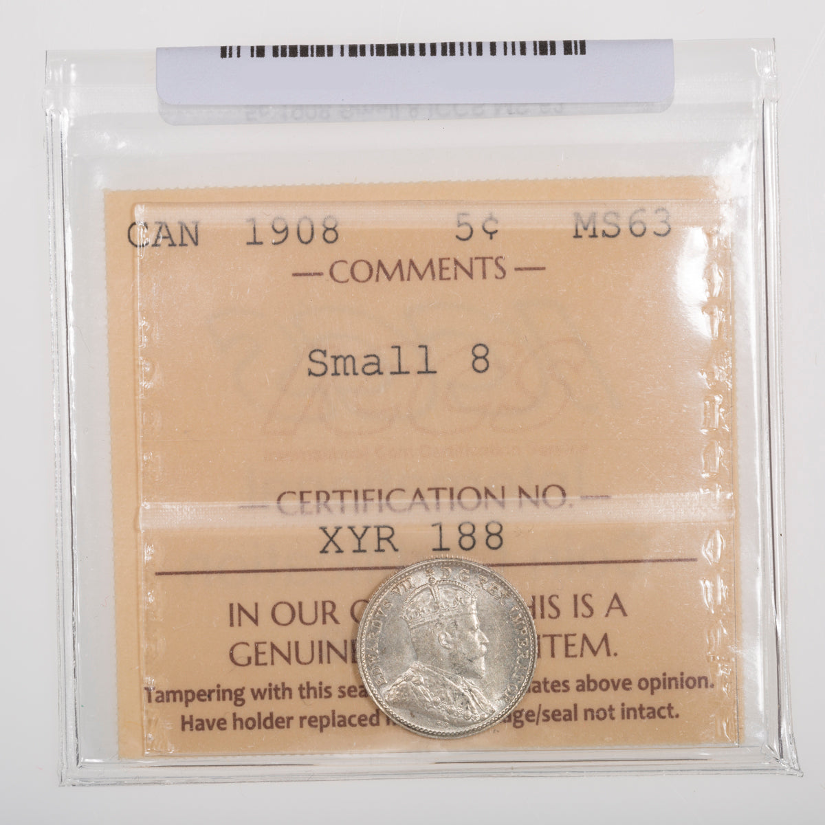 5 Cent 1908 Small 8 ICCS MS-63