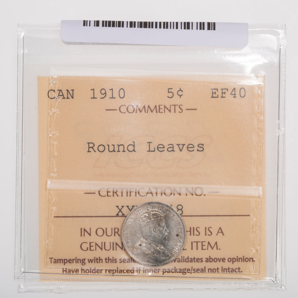 5 Cent 1910 Round Leaves ICCS EF-40