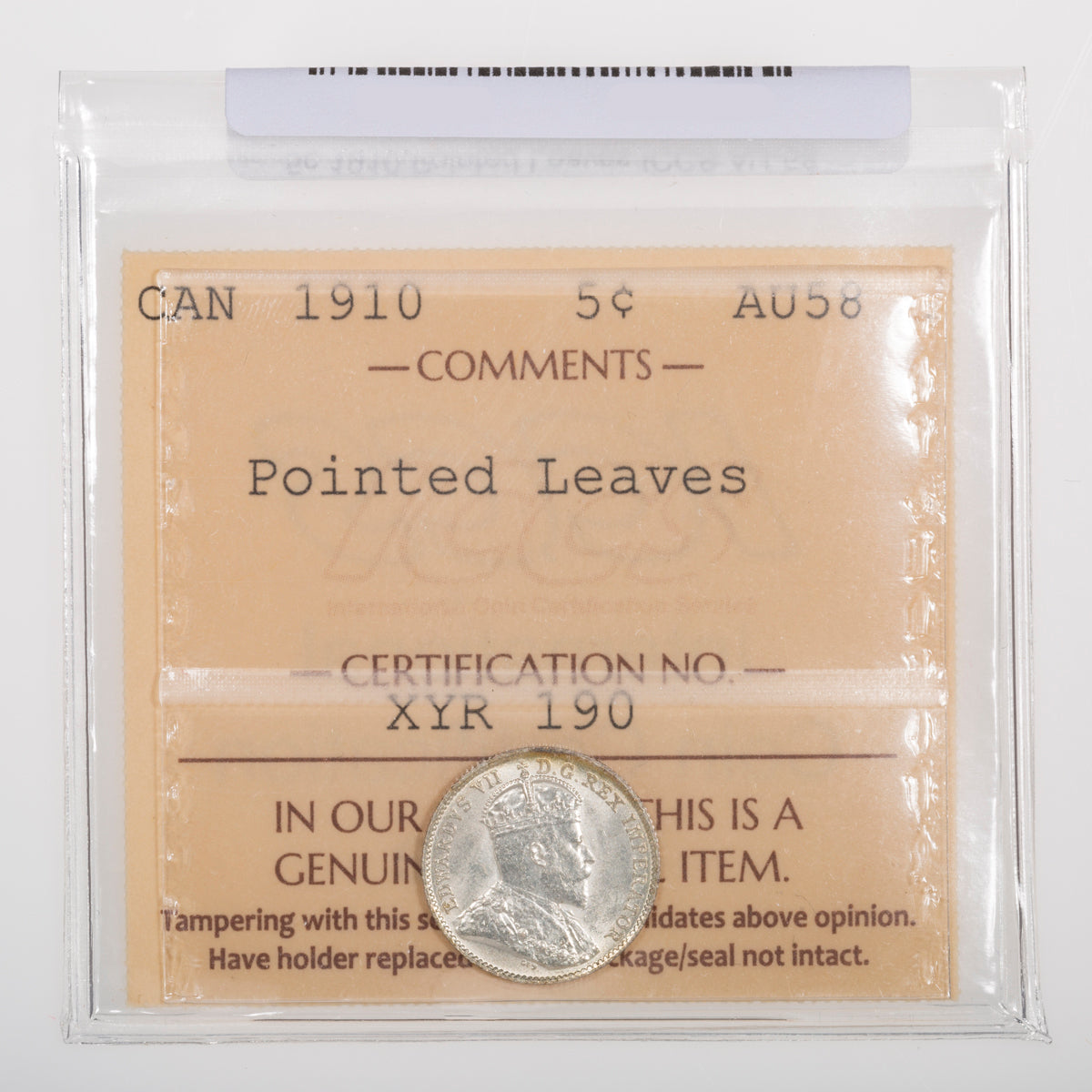 5 Cent 1910 Pointed Leaves ICCS AU-58