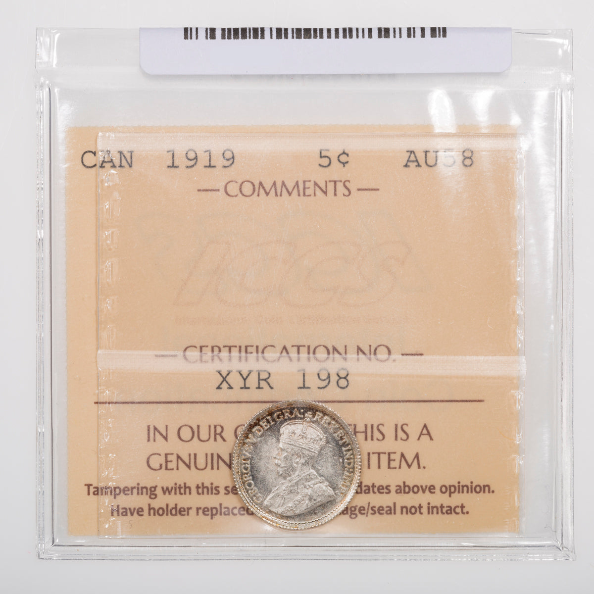 5 Cent 1919 ICCS AU-58