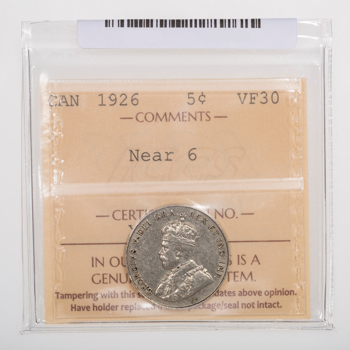 5 Cent 1926 Near 6 ICCS VF-30