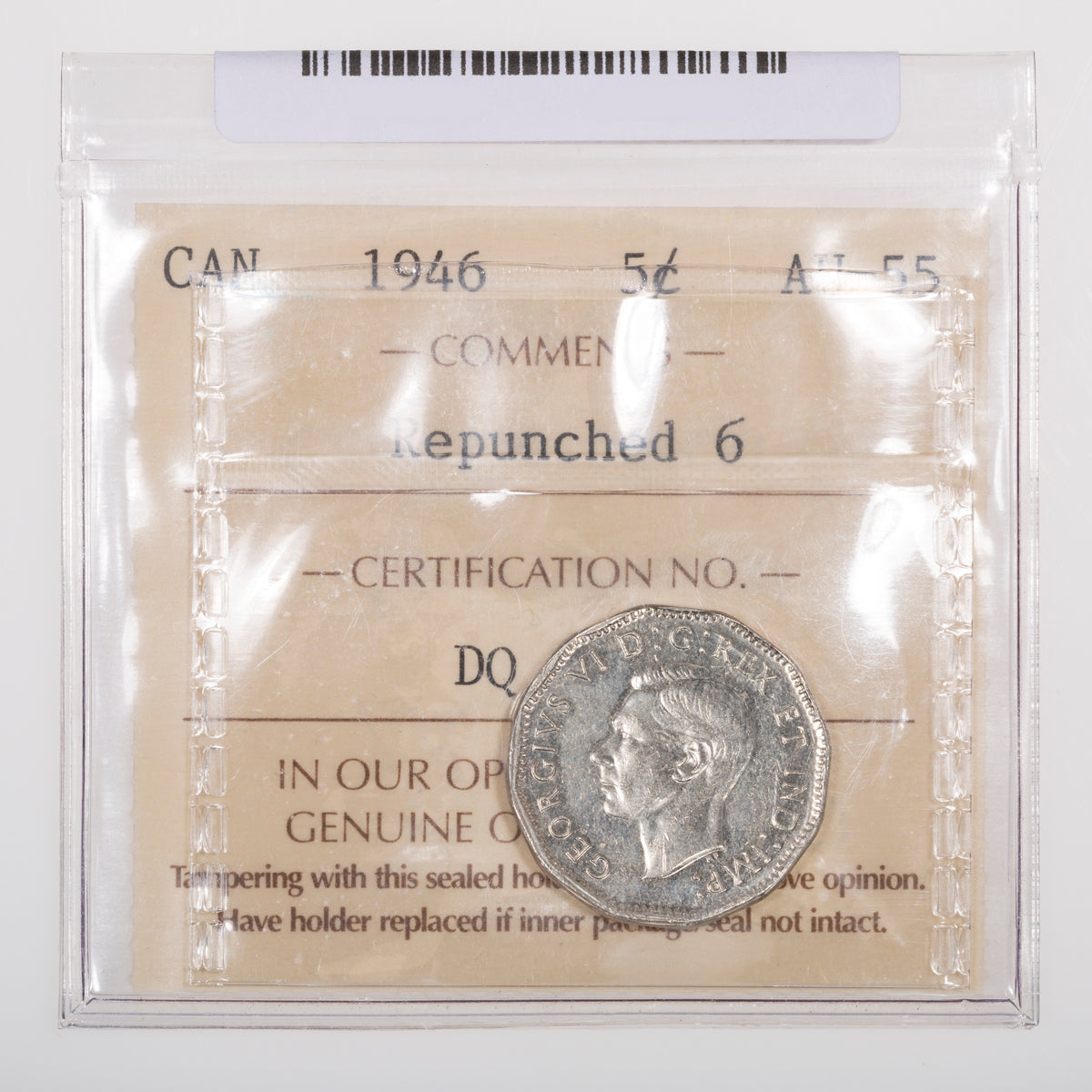 5 Cent 1946 Repunched 6 ICCS AU-55