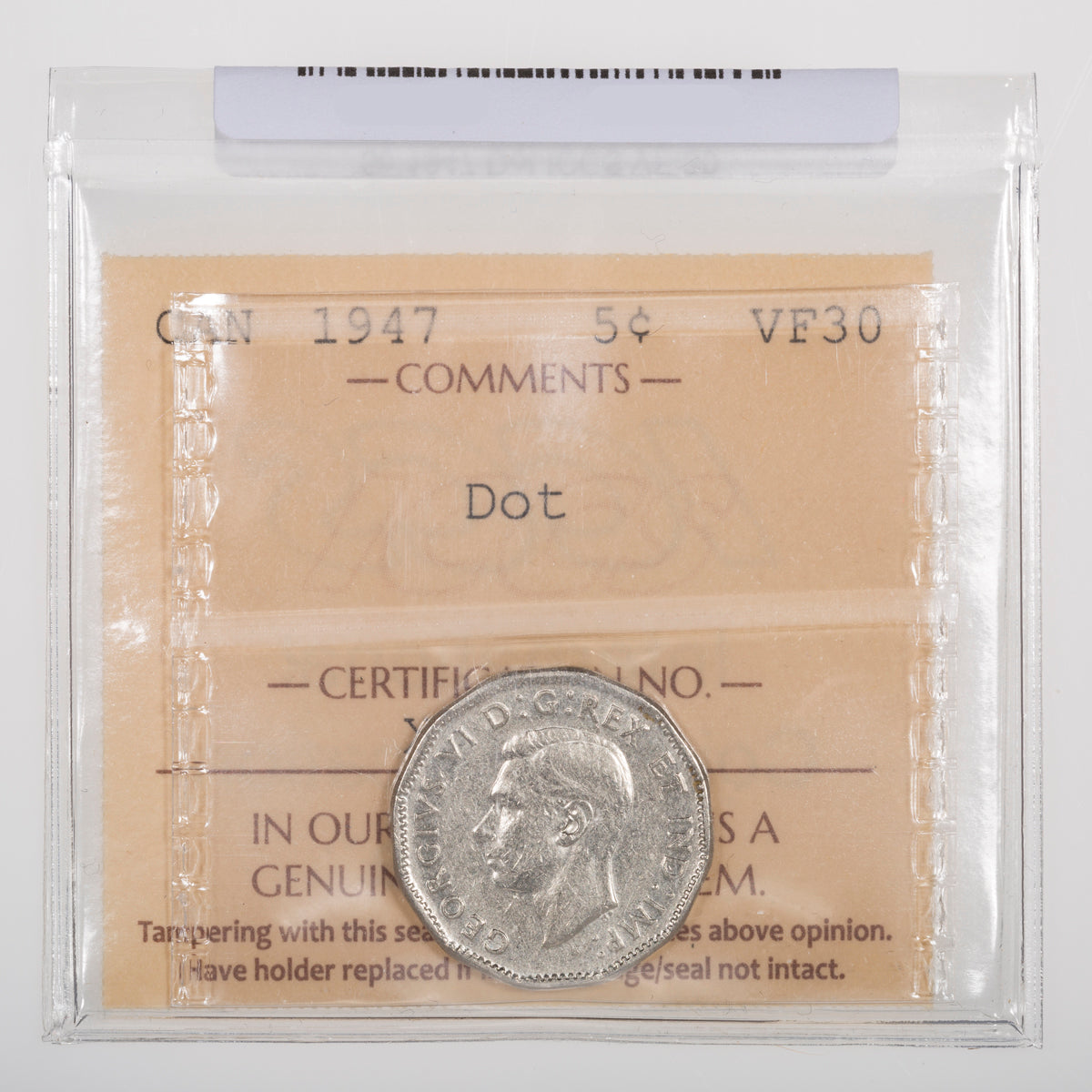 5 Cent 1947 Dot ICCS VF-30