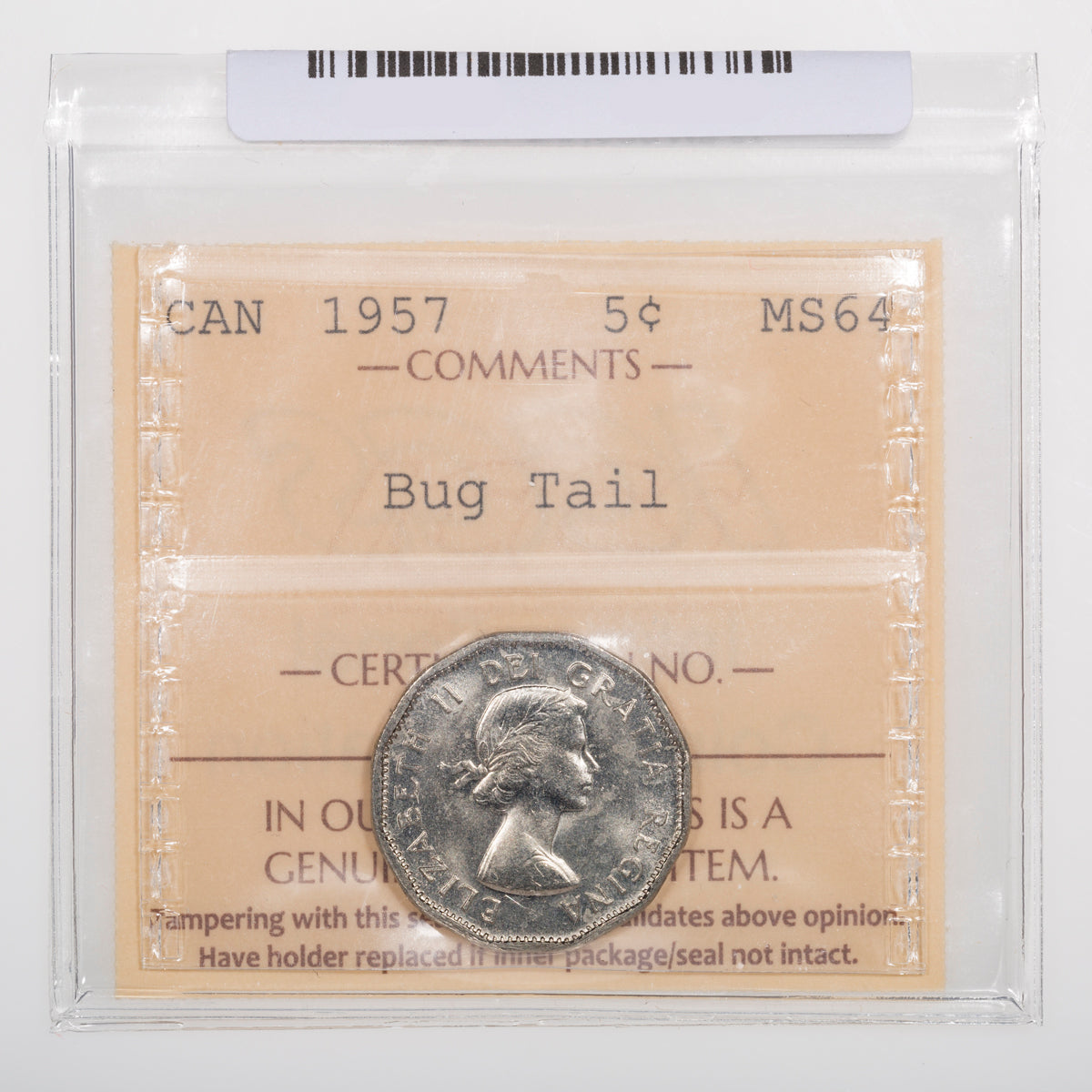 5 Cent 1957 Bug Tail ICCS MS-64