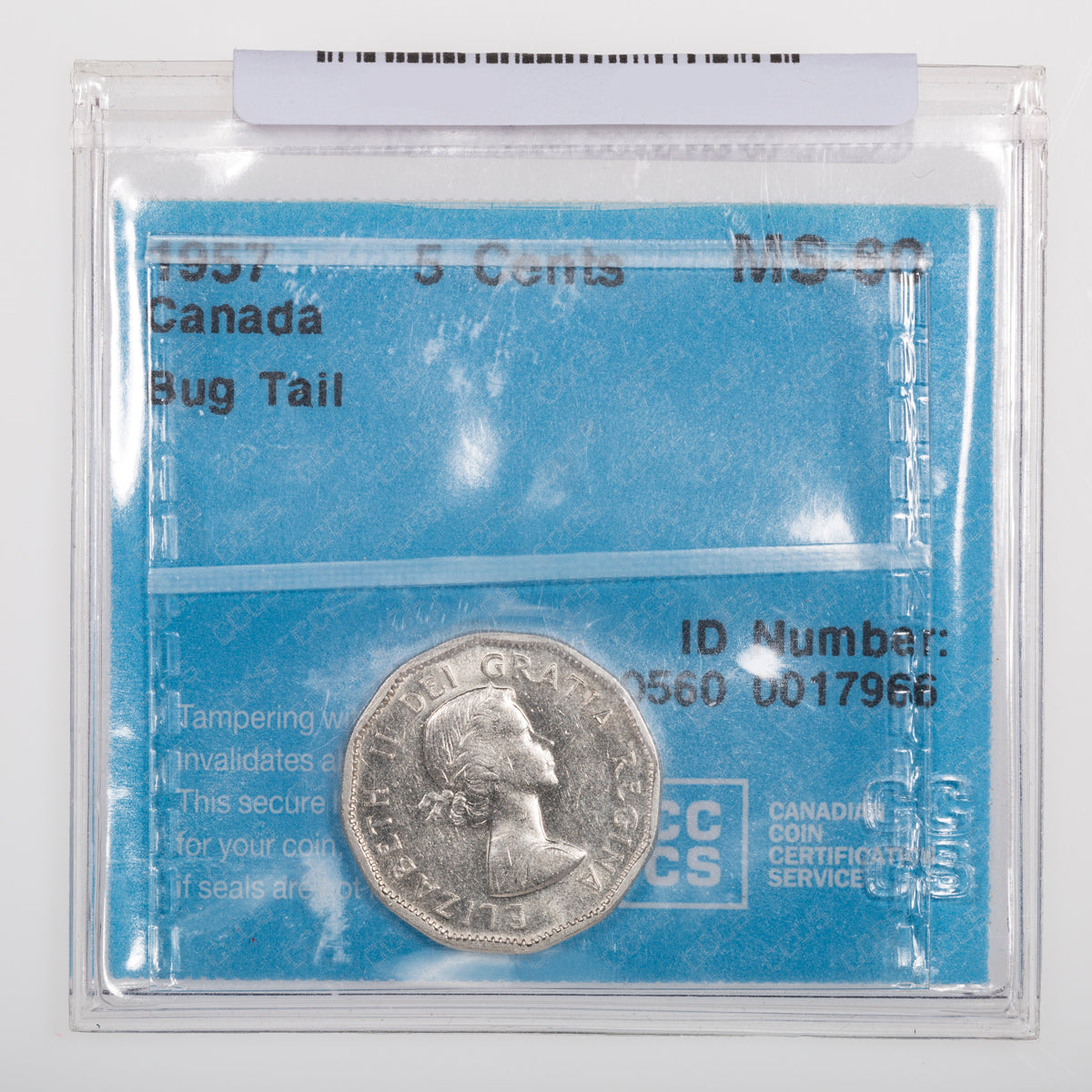 5 Cent 1957 Bug Tail CCCS MS-60