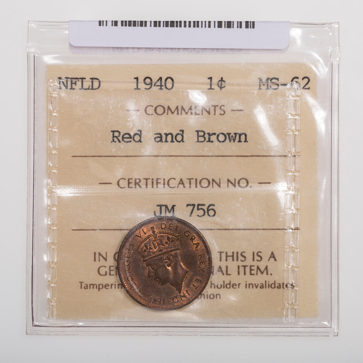 NFLD 1 Cent 1940 ICCS MS-62 Red and Brown