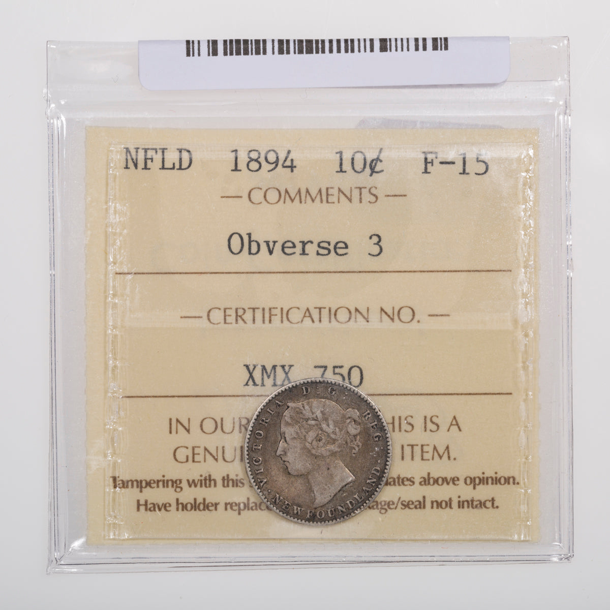 NFLD 10 Cent 1894 Obverse 3 ICCS F-15