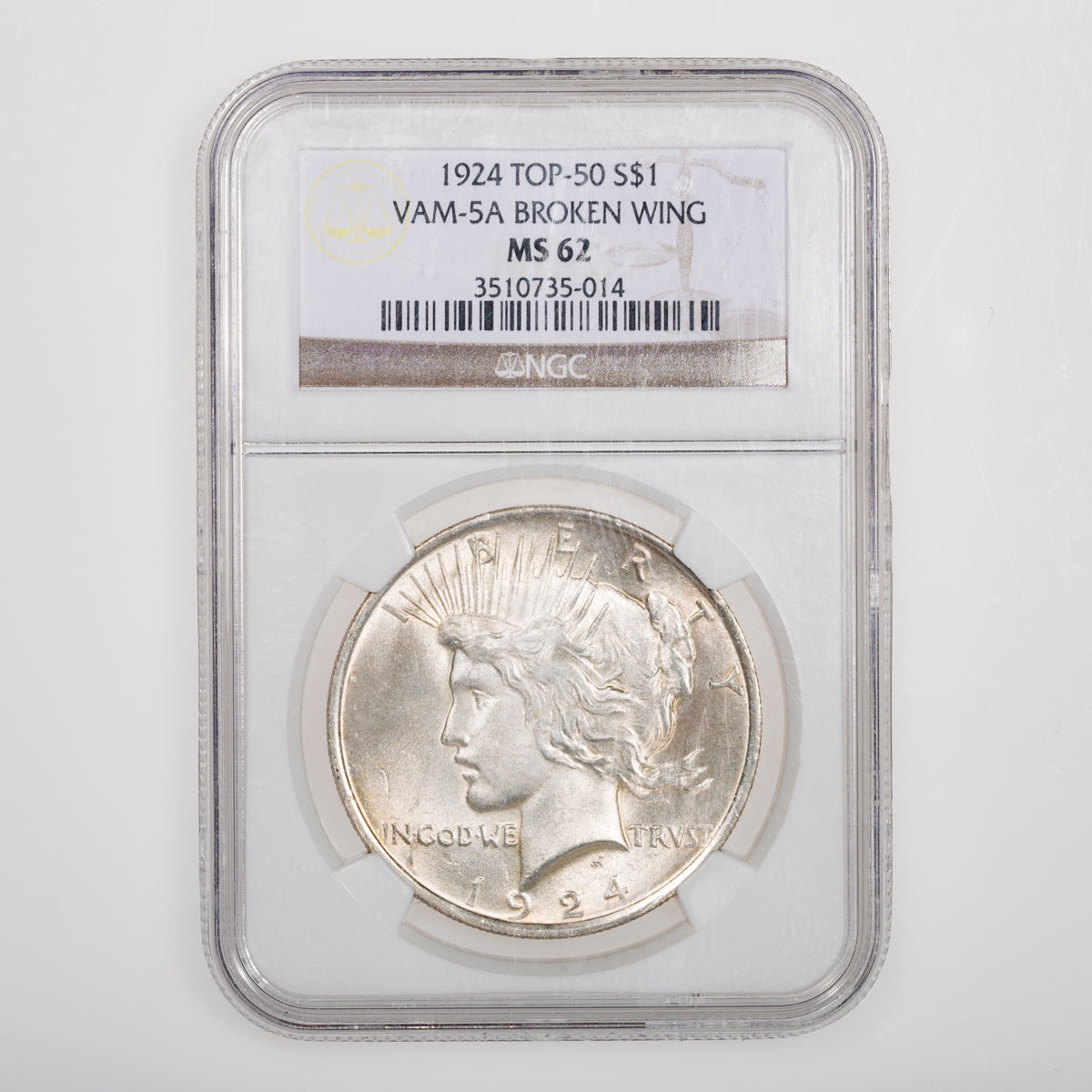 US $1 1924 VAM-5A Broken Wing NGC MS-62