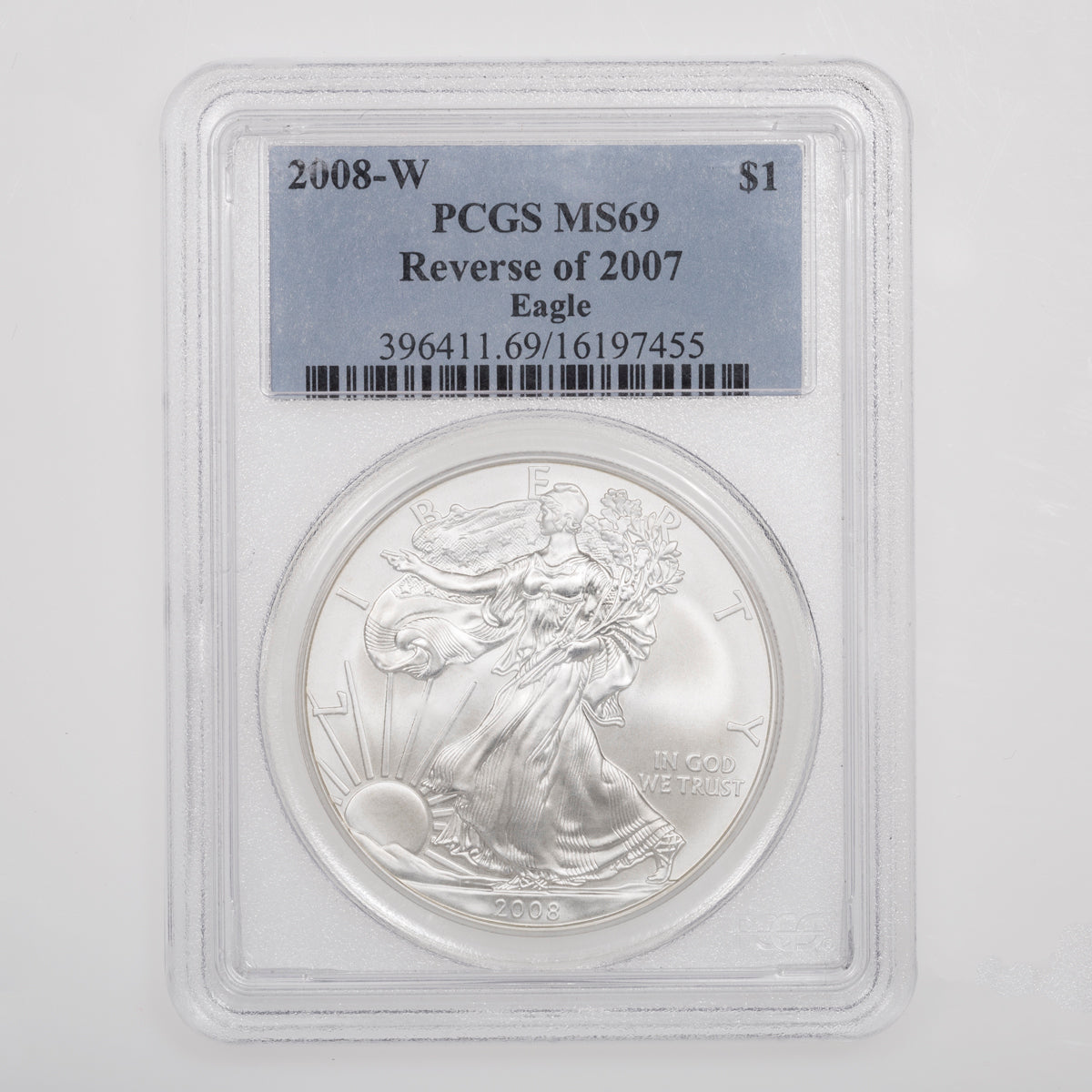 United States 1 oz Silver Eagle 2008W Reverse of 2007 PCGS MS-69