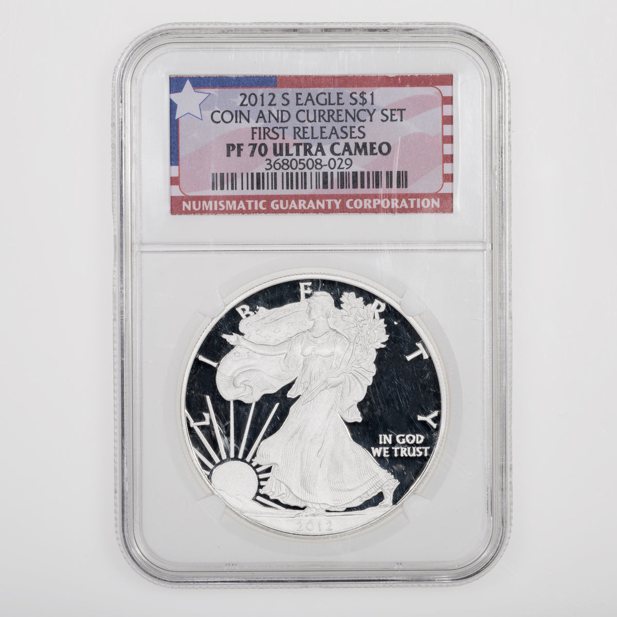 United States 1 oz Silver Eagle 2012S Coin and Currency Set NGC First Releases PR-70 Ultra Cameo
