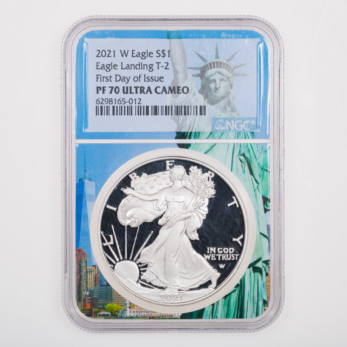 United States 1 oz Silver Eagle 2021W Type 2 Eagle landing NGC First Day of Issue Statue of Liberty Custom Core PR-70 Ultra Cameo