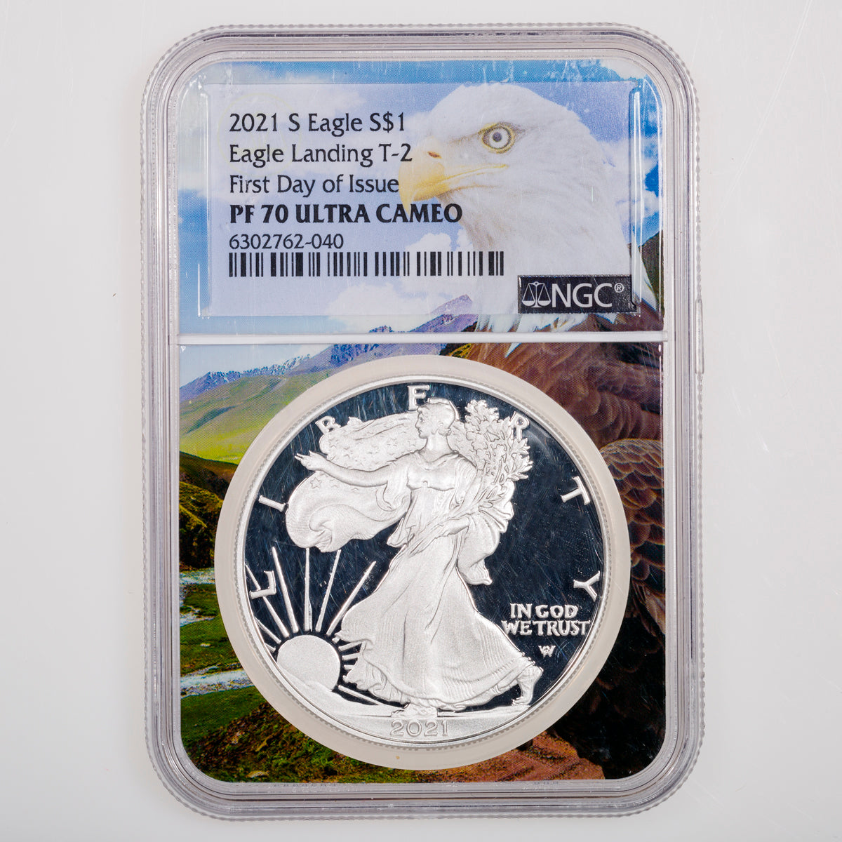 United States 1 oz Silver Eagle 2021S Type 2 Eagle landing NGC First Day of Issue American Eagle Custom Core MS-70 Ultra Cameo