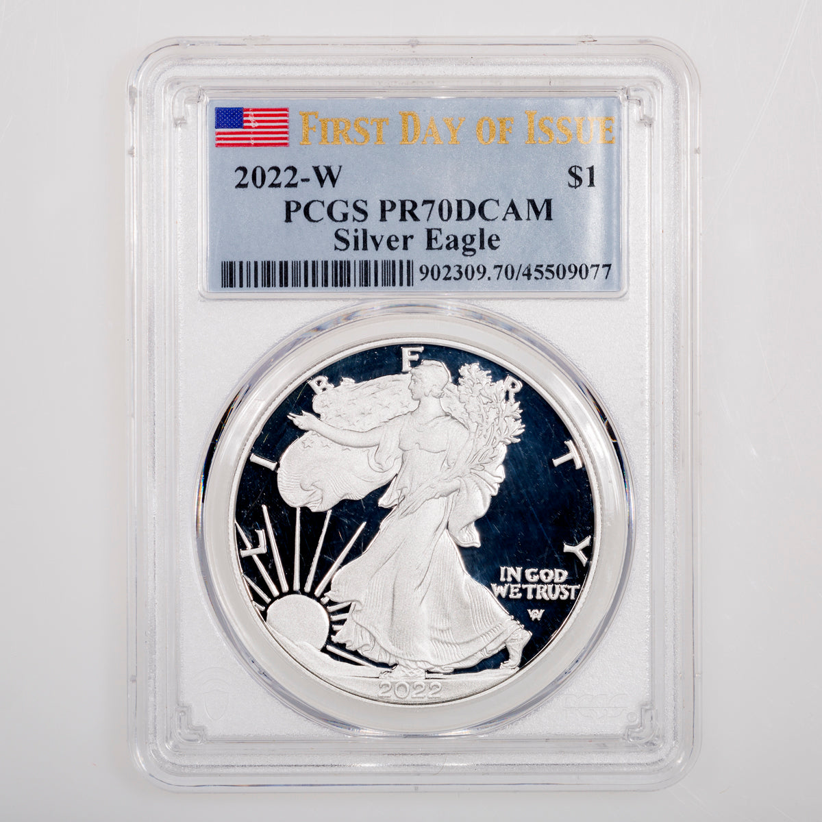 United States 1 oz Silver Eagle 2022W PCGS First Day of Issue PR-70 DCAM