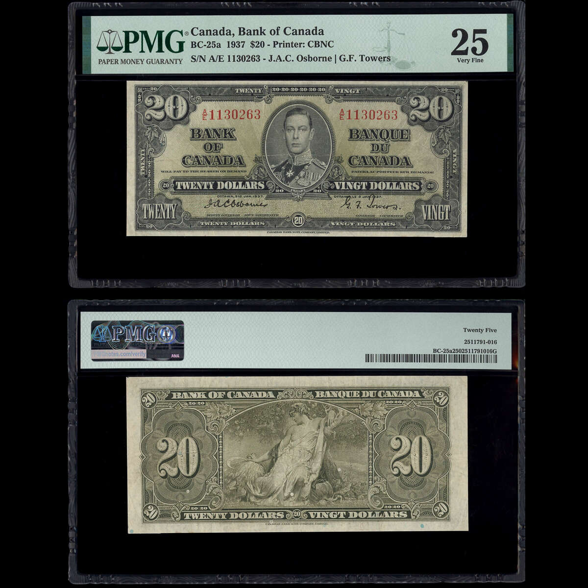 $20 1937 BC-25a Osborne-Towers Osborne-Towers Prefix A/E PMG VF-25