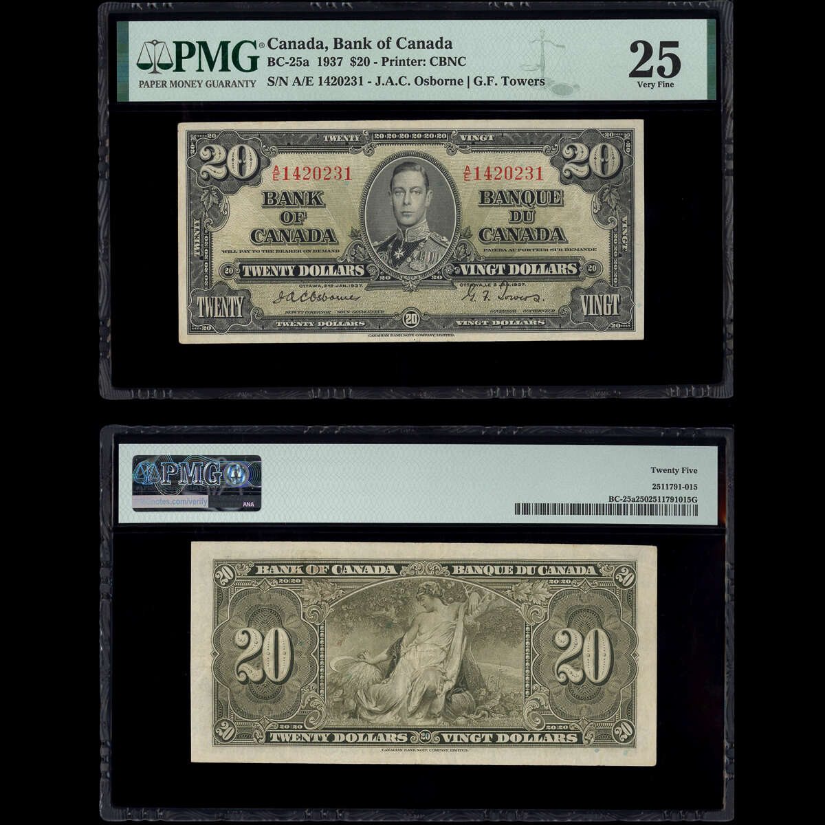 $20 1937 BC-25a Osborne-Towers Osborne-Towers Prefix A/E PMG VF-25