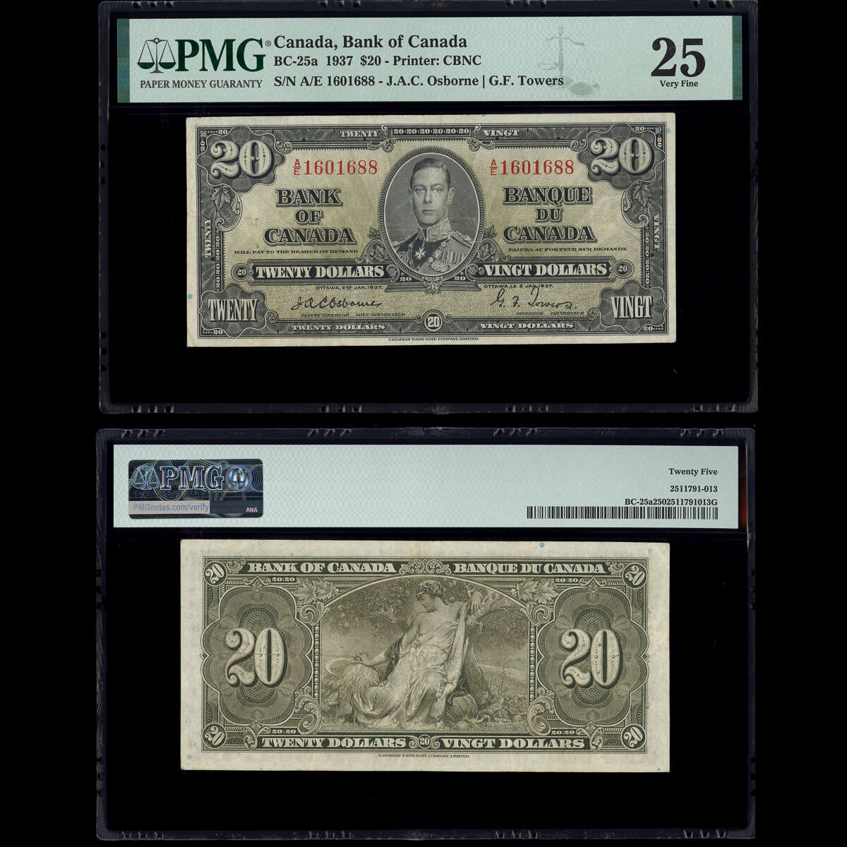 $20 1937 BC-25a Osborne-Towers Osborne-Towers Prefix A/E PMG VF-25