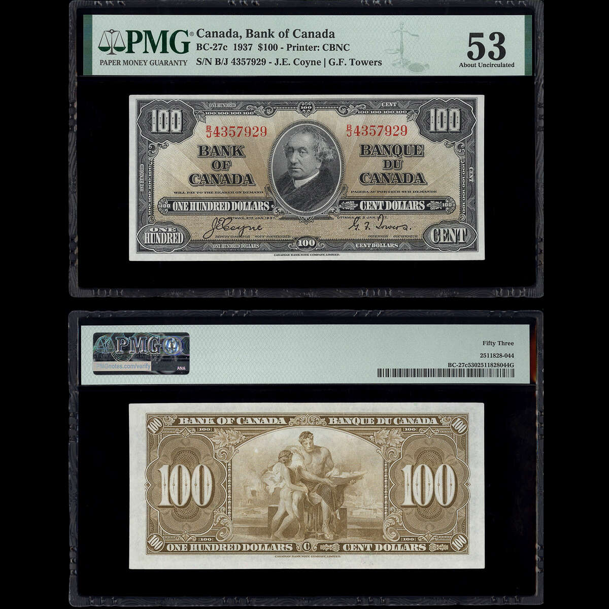 $100 1937 BC-27c Coyne-Towers Coyne-Towers Prefix B/J PMG AU-53