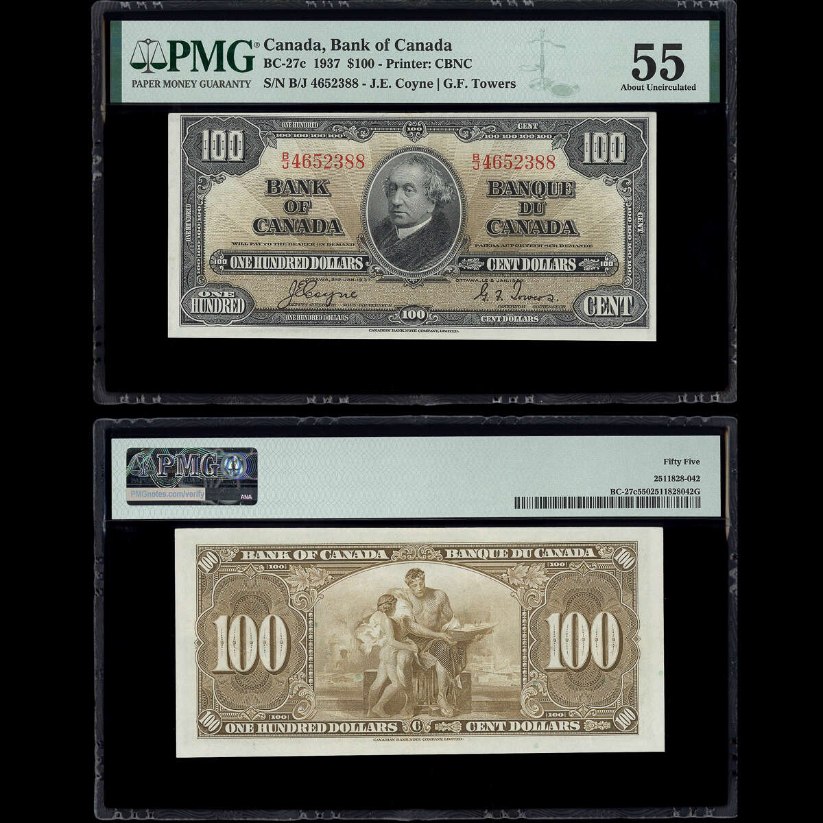 $100 1937 BC-27c Coyne-Towers Coyne-Towers Prefix B/J PMG AU-55