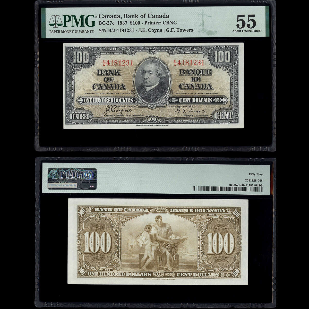 $100 1937 BC-27c Coyne-Towers Coyne-Towers Prefix B/J PMG AU-55