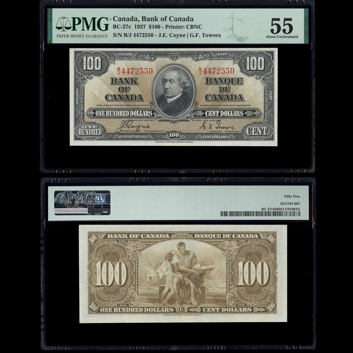 $100 1937 BC-27c Coyne-Towers Coyne-Towers Prefix B/J PMG AU-55