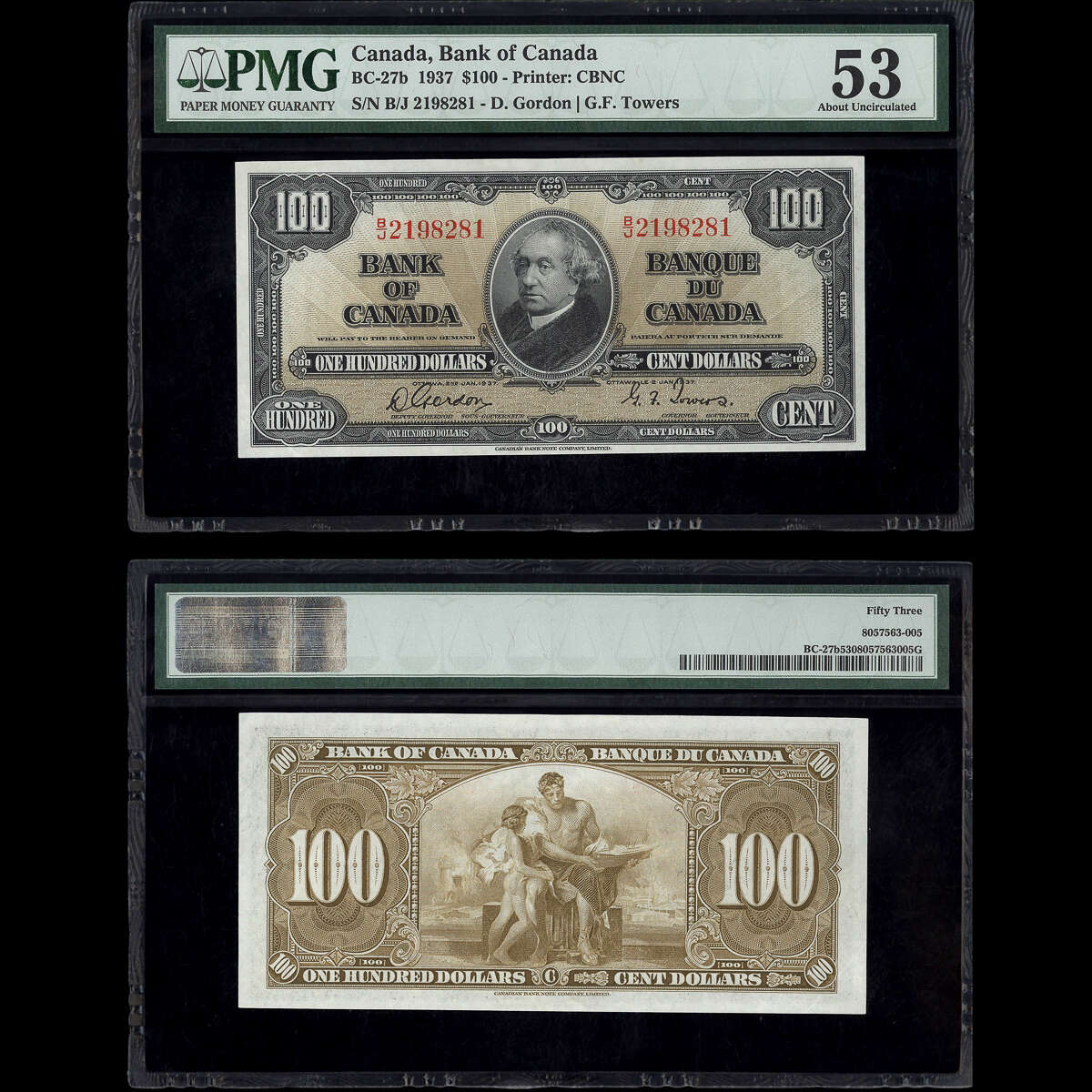 $100 1937 BC-27b Gordon-Towers Gordon-Towers Prefix B/J PMG AU-53