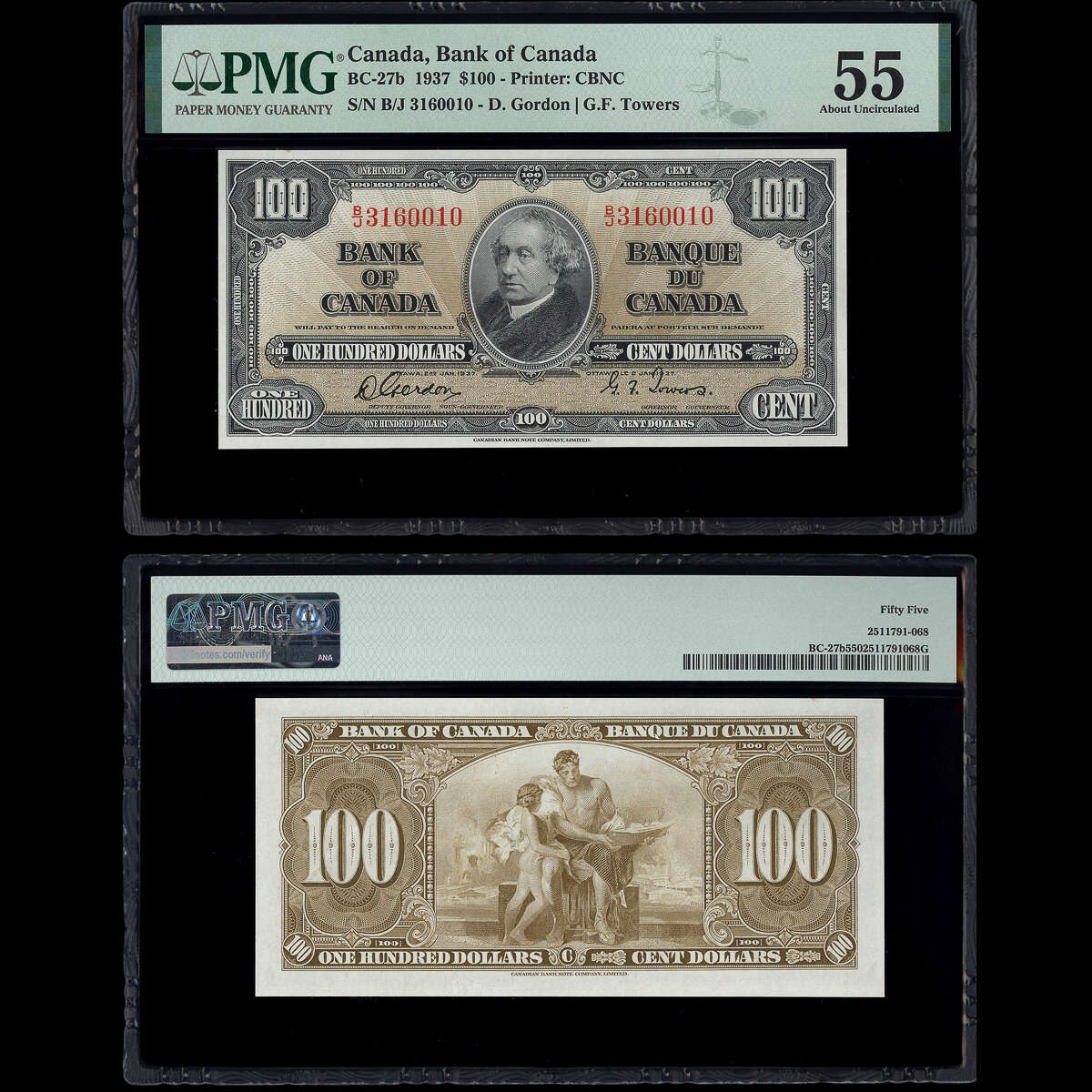 $100 1937 BC-27b Gordon-Towers Gordon-Towers Prefix B/J PMG AU-55