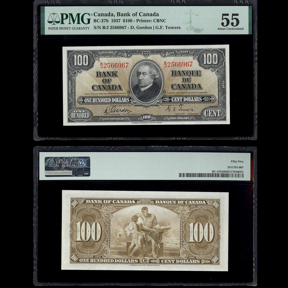 $100 1937 BC-27b Gordon-Towers Gordon-Towers Prefix B/J PMG AU-55