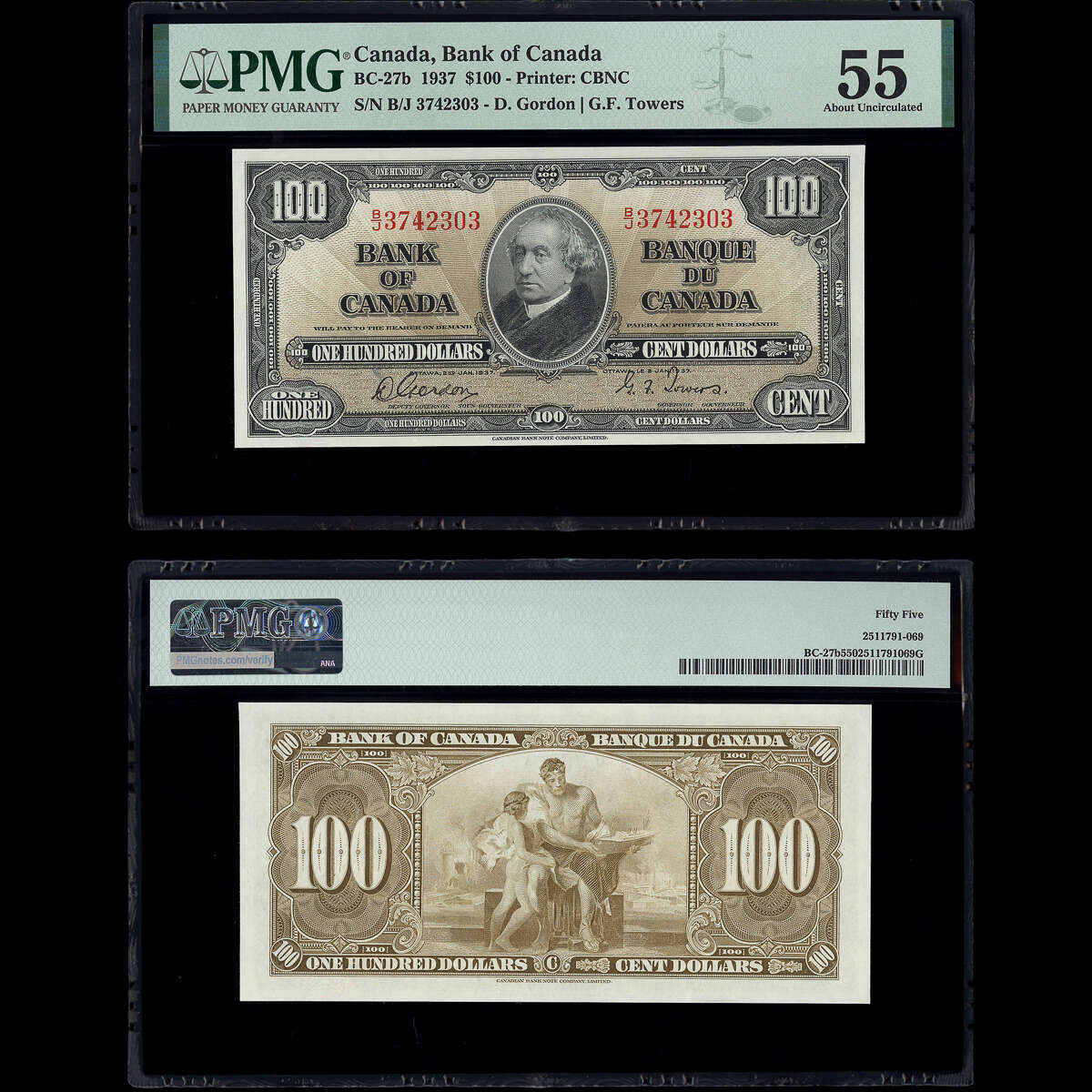 $100 1937 BC-27b Gordon-Towers Gordon-Towers Prefix B/J PMG AU-55