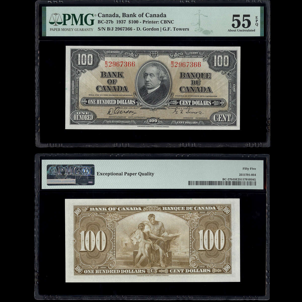 $100 1937 BC-27b Gordon-Towers Gordon-Towers Prefix B/J PMG AU-55