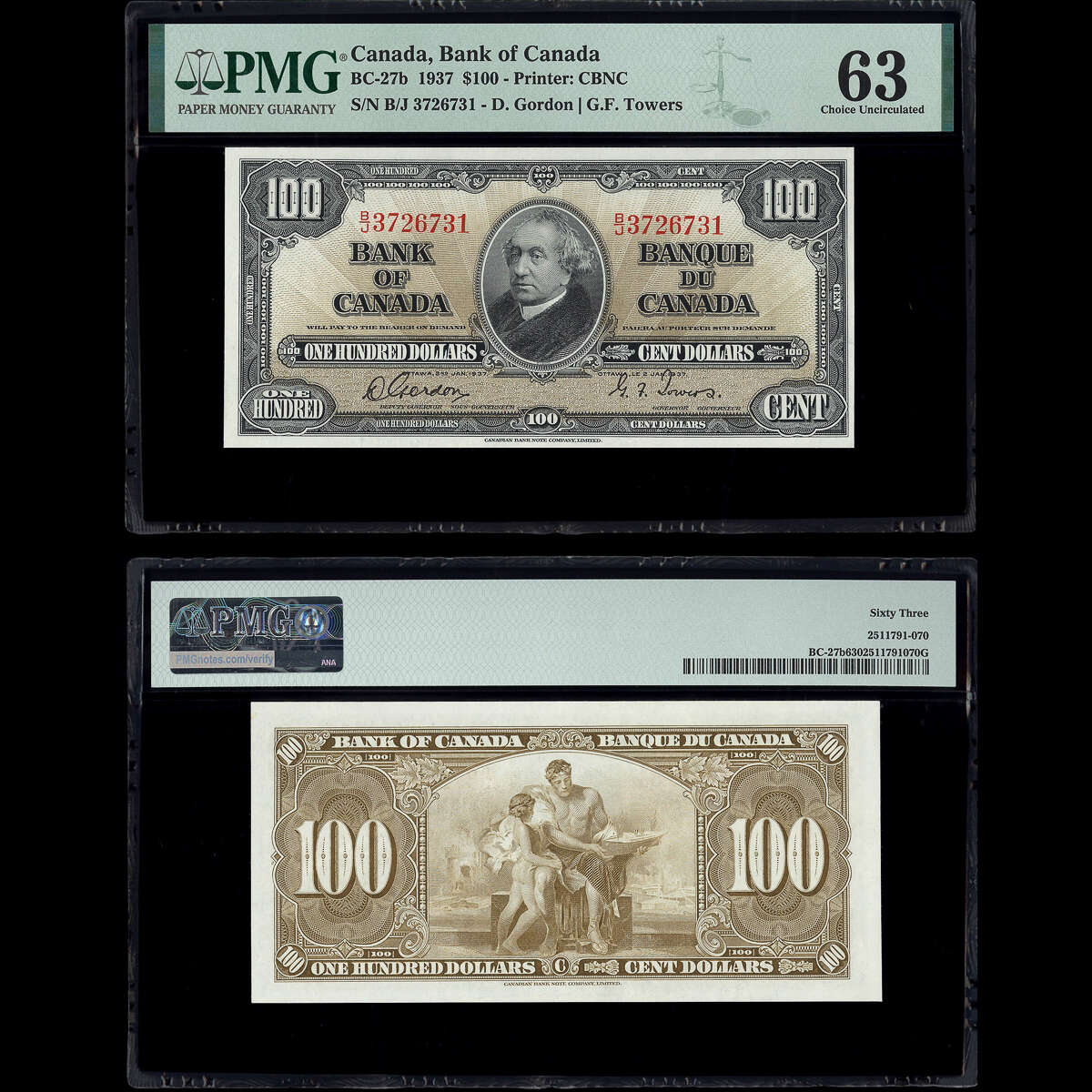 $100 1937 BC-27b Gordon-Towers Gordon-Towers Prefix B/J PMG CUNC-63